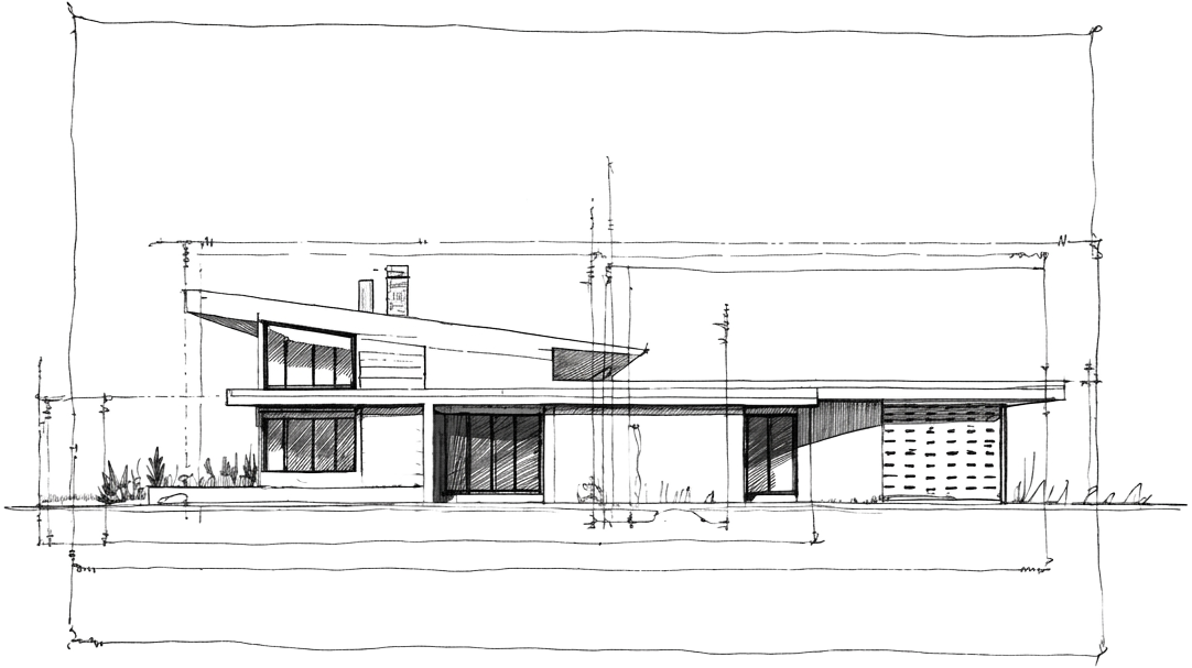 Hand-drawn architectural elevation of a low-slung modern house with a sloped roof and large windows